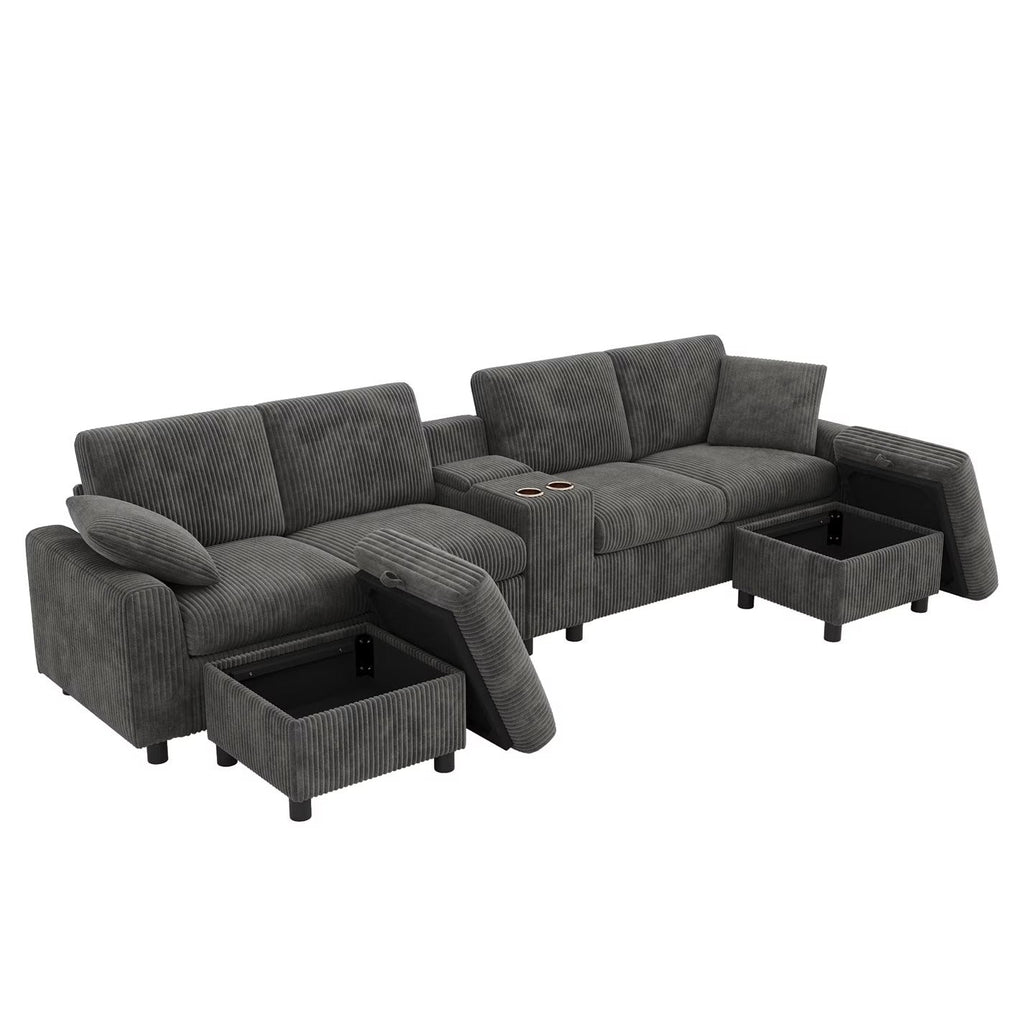 Corduroy Sectional Sofa with Storage Ottomans
