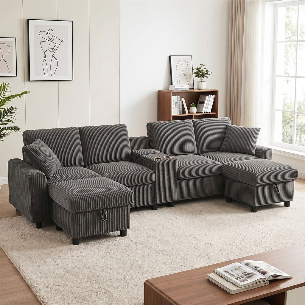 Corduroy Sectional Sofa with Storage Ottomans