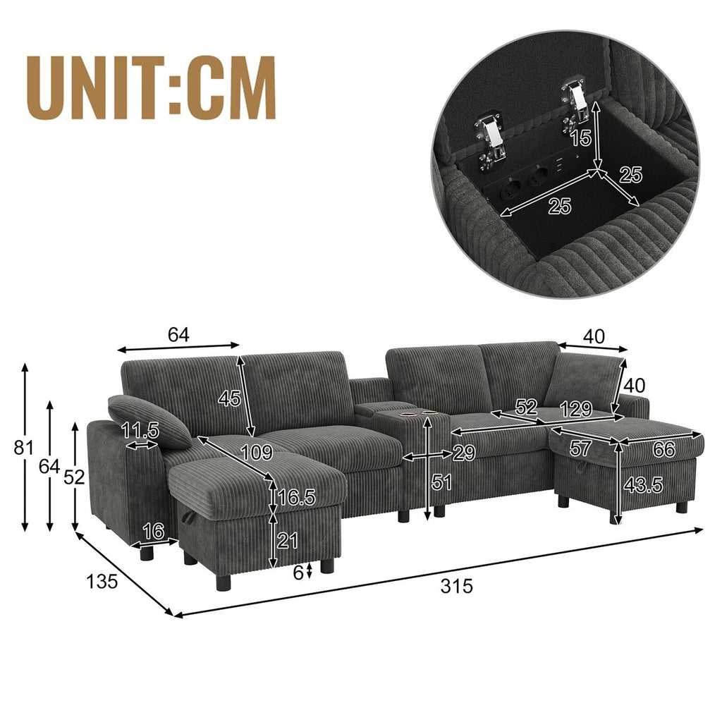 Corduroy Sectional Sofa with Storage Ottomans