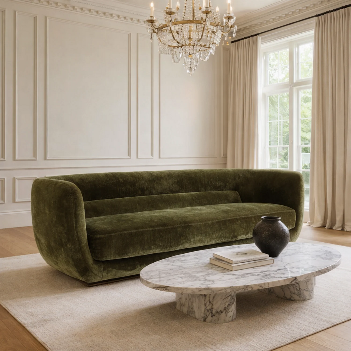 Olive Green Curved Upholstered Sofa